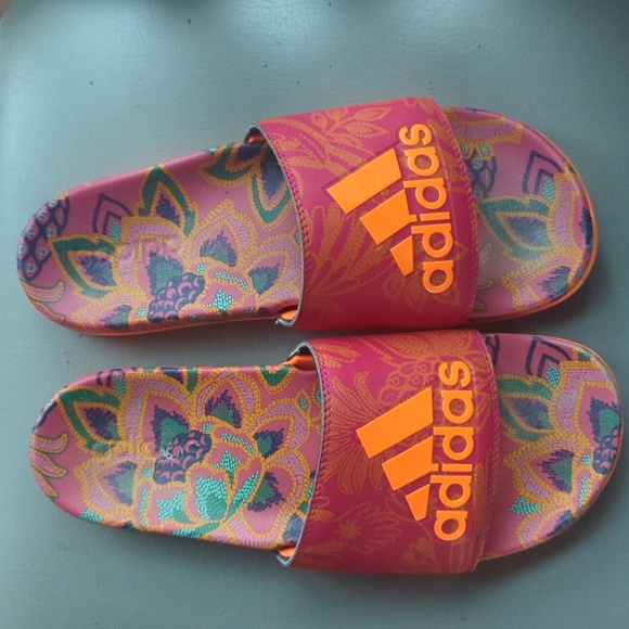 Women's Orange & Pink Paisley Adidas Slides 9 - Picture 2 of 3